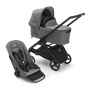 Poussette siège et nacelle Bugaboo Dragonfly avec châssis noir, habillages gris chiné et capote gris chiné.