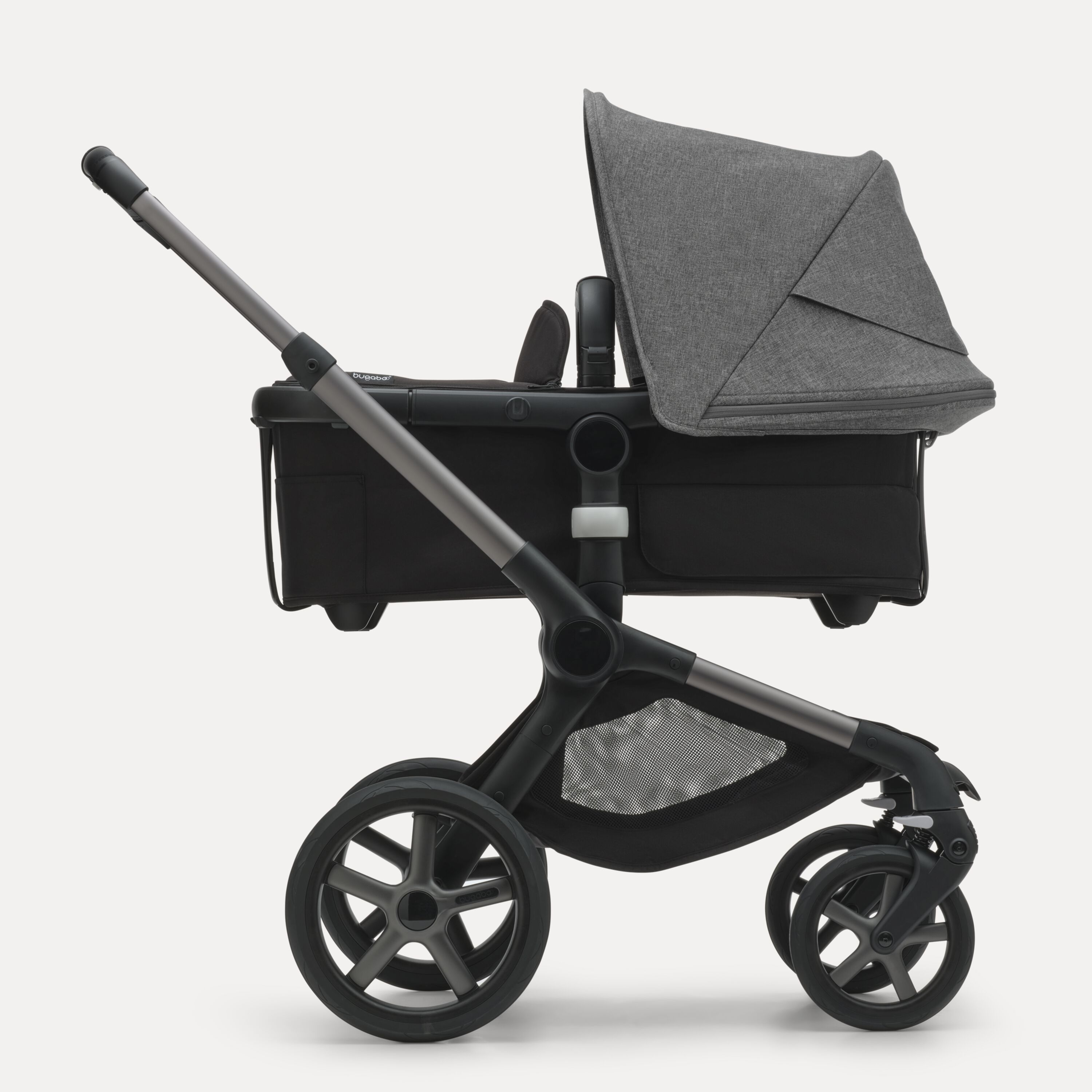 Refurbished Bugaboo Fox 5 bassinet and seat stroller graphite base, midnight black fabrics, grey melange sun canopy - Main Modal Image Slide 2 of 10