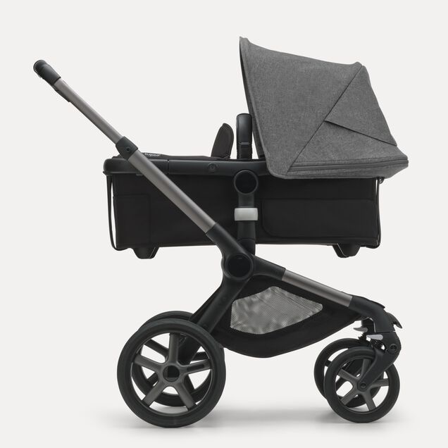 Refurbished Bugaboo Fox 5 bassinet and seat stroller graphite base, midnight black fabrics, grey melange sun canopy - Main Image Slide 2 of 10
