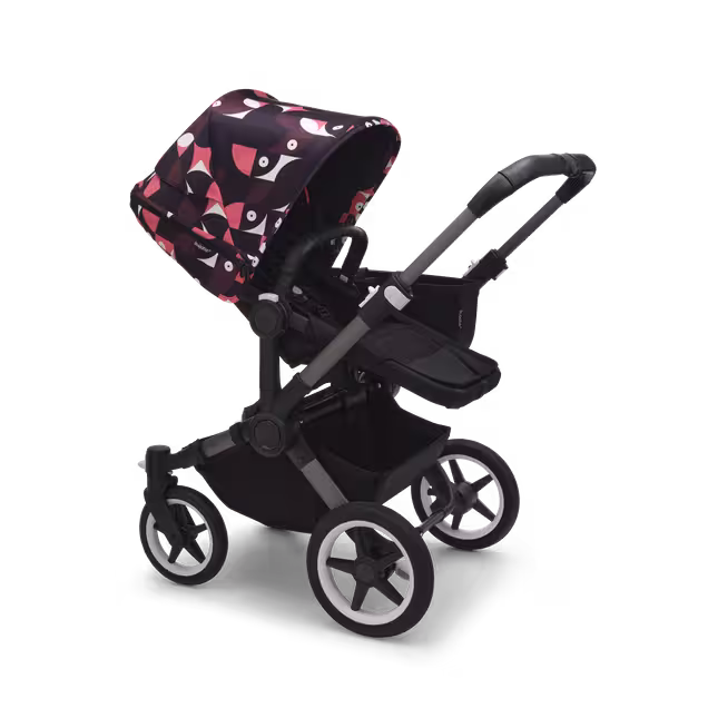 Bugaboo Donkey 5 Mono 2-in-1 stroller graphite base, midnight black fabrics, animal explorer pink/ red sun canopy - Main Image Slide 1 of 2
