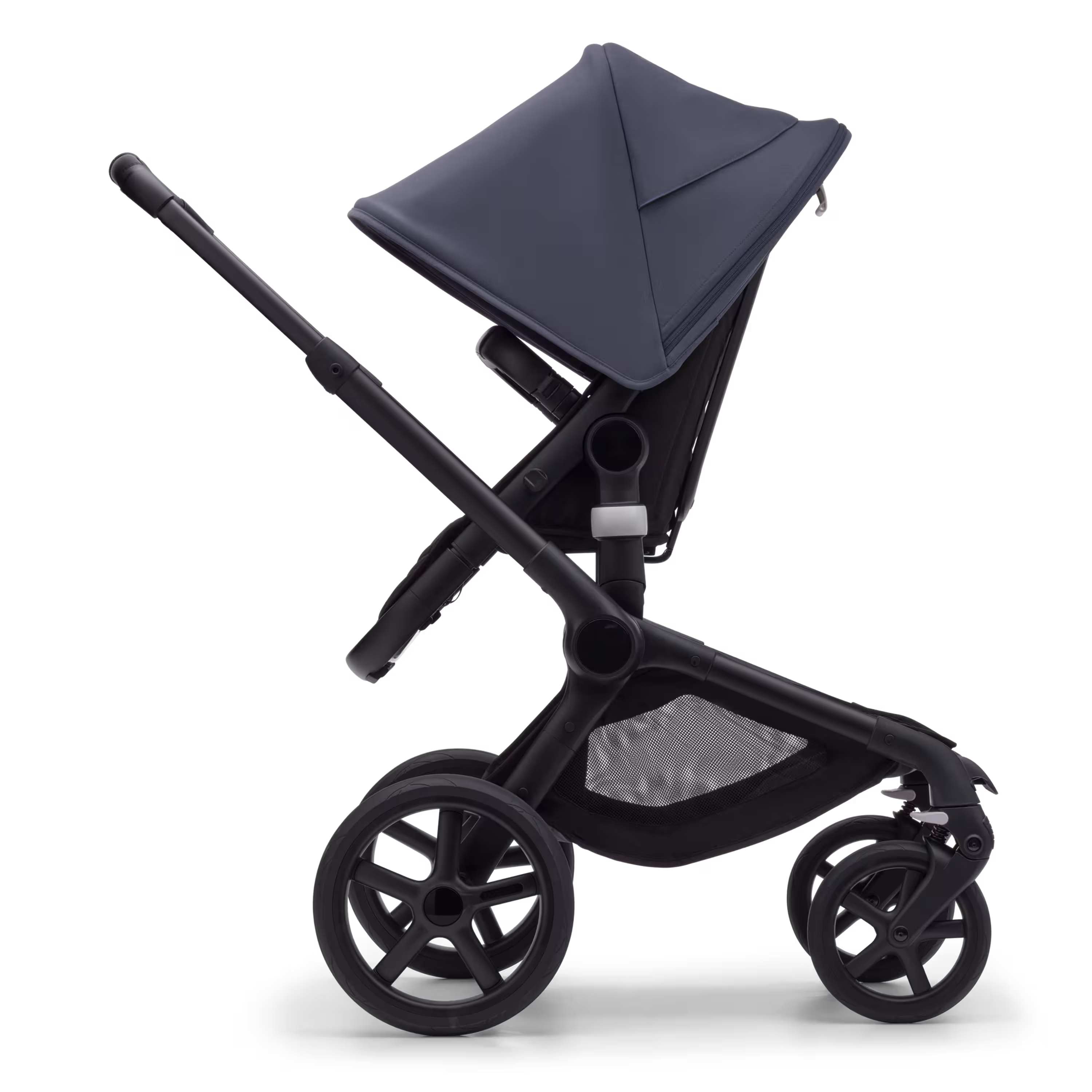 Side view of the Bugaboo Fox 5 seat pushchair with black chassis, midnight black fabrics and stormy blue sun canopy. - Main Modal Image Slide 3 of 13