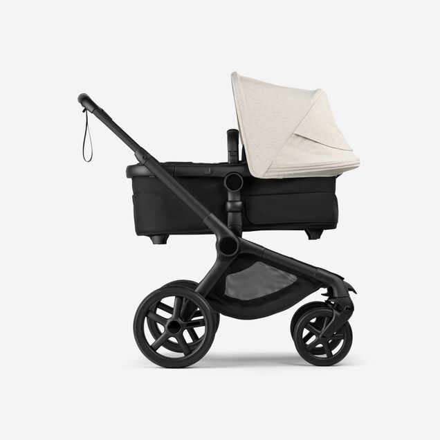 Bugaboo Fox 5 Renew bassinet newborn stroller, with black chassis, Heritage Black fabrics, and Misty White sun canopy. - Main Image Slide 2 of 12