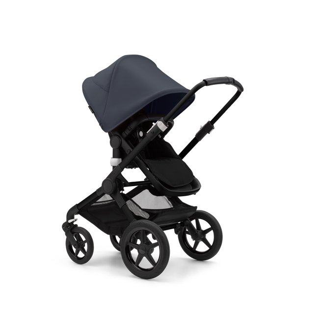 Bugaboo Fox 3 seat stroller with black frame, black fabrics, and stormy blue sun canopy.