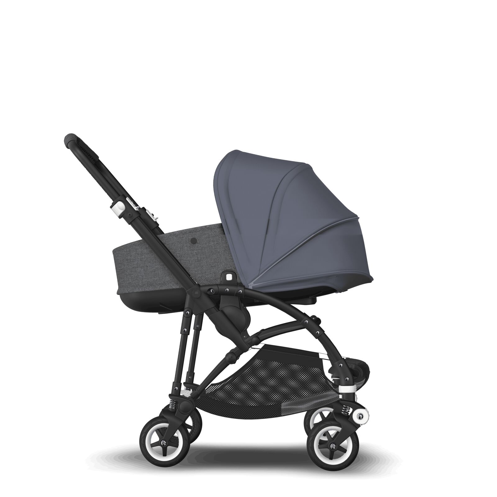 Bugaboo Bee 5 seat and bassinet stroller steel blue sun canopy, grey melange fabrics, black base