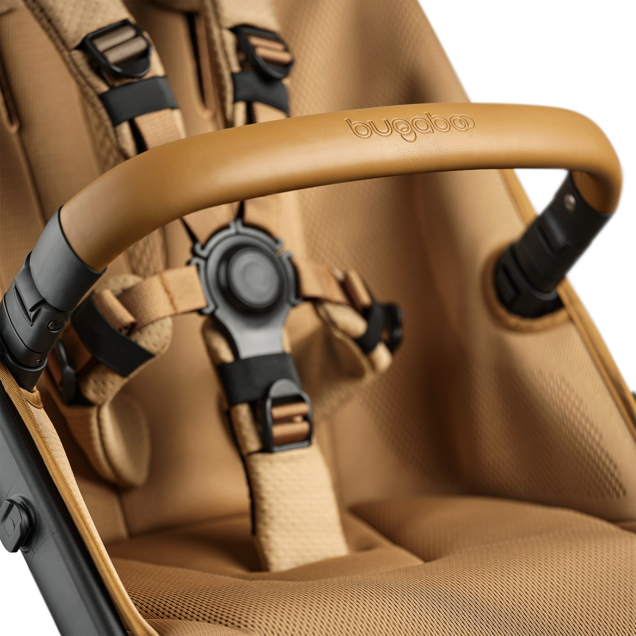 A close up of the bumper bar and seat of the Bugaboo Fox 5 Noir Limited Edition Amber Glow. - Thumbnail Slide 13 of 15