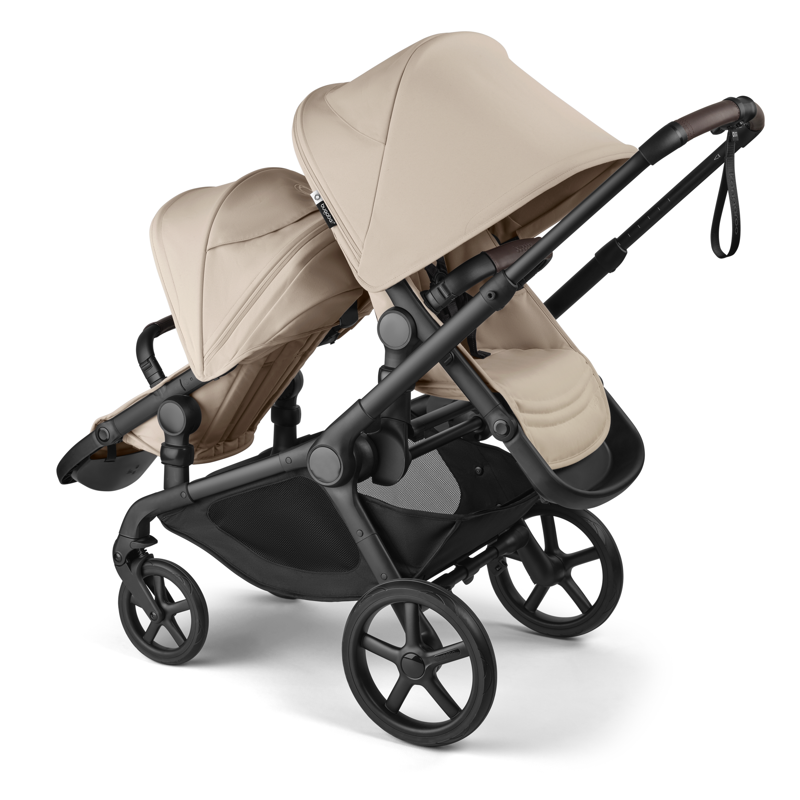 Bugaboo Kangaroo seat-only tandem black base, desert taupe fabrics, desert taupe sun canopy - Thumbnail Slide 2 of 5