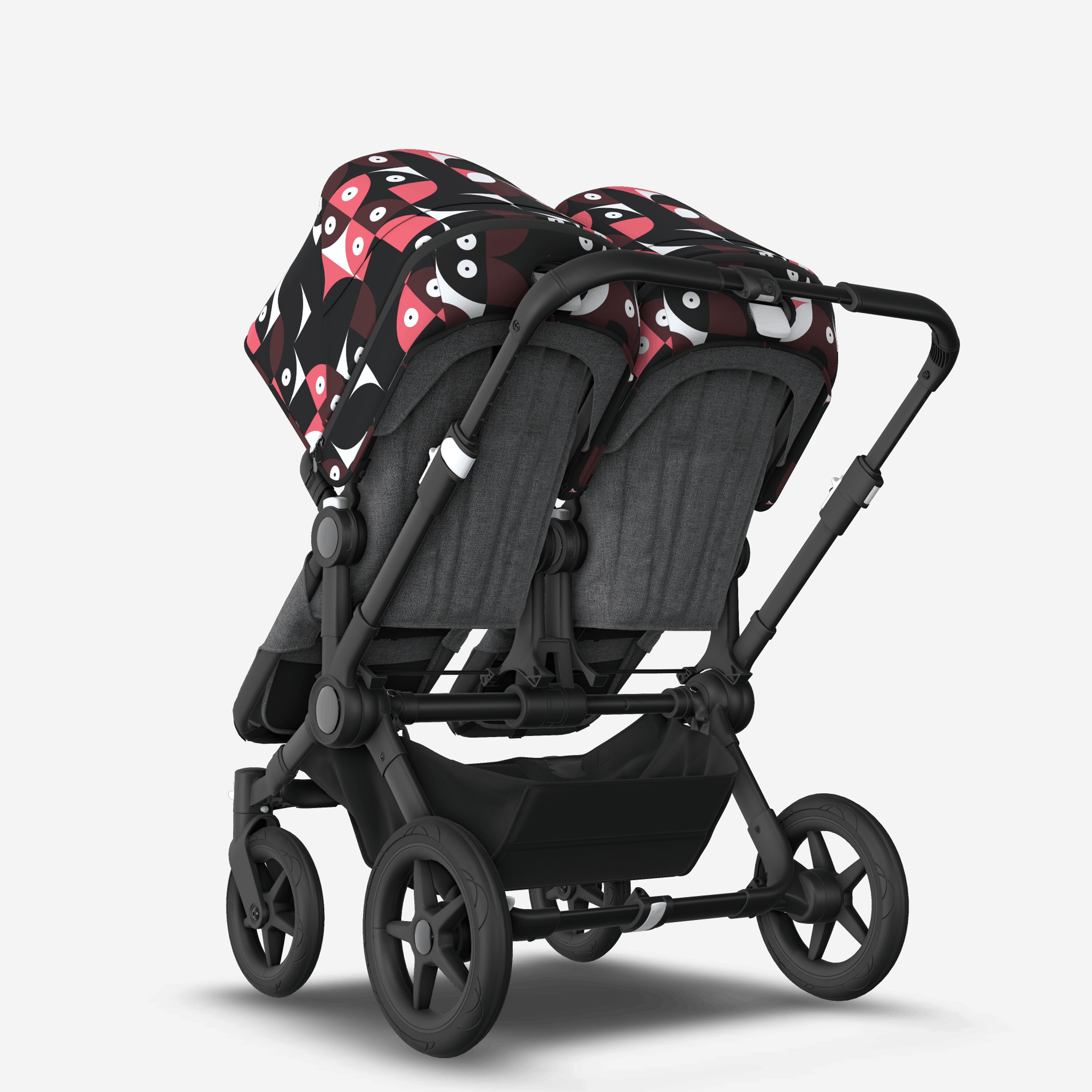 Bugaboo Donkey 5 twin stroller black base, grey mélange fabrics, animal explorer pink/red sun canopy - Main Modal Image Slide 3 of 12