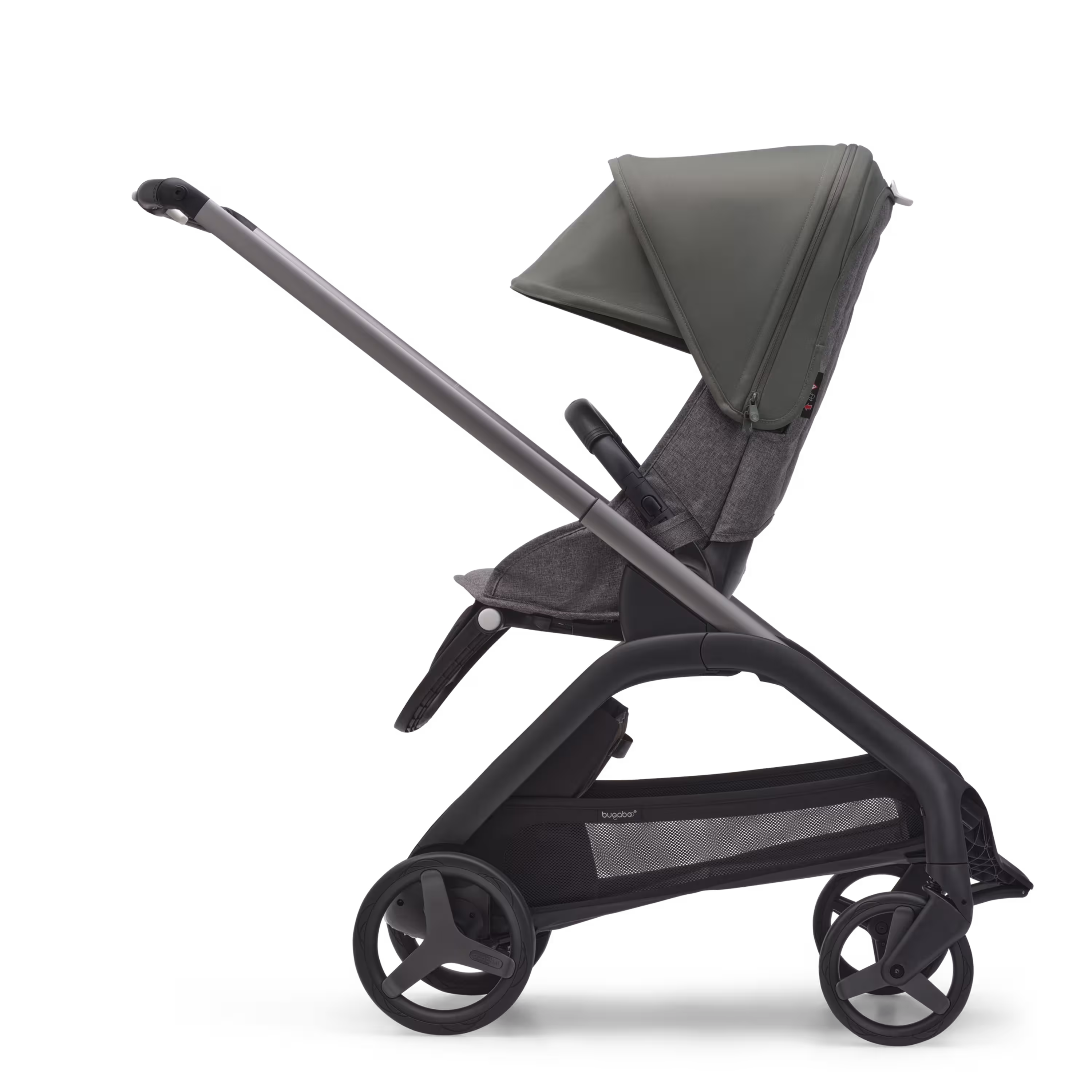 Refurbished Bugaboo Dragonfly bassinet and seat stroller graphite base, grey melange fabrics, forest green sun canopy - Main Modal Image Slide 2 of 11