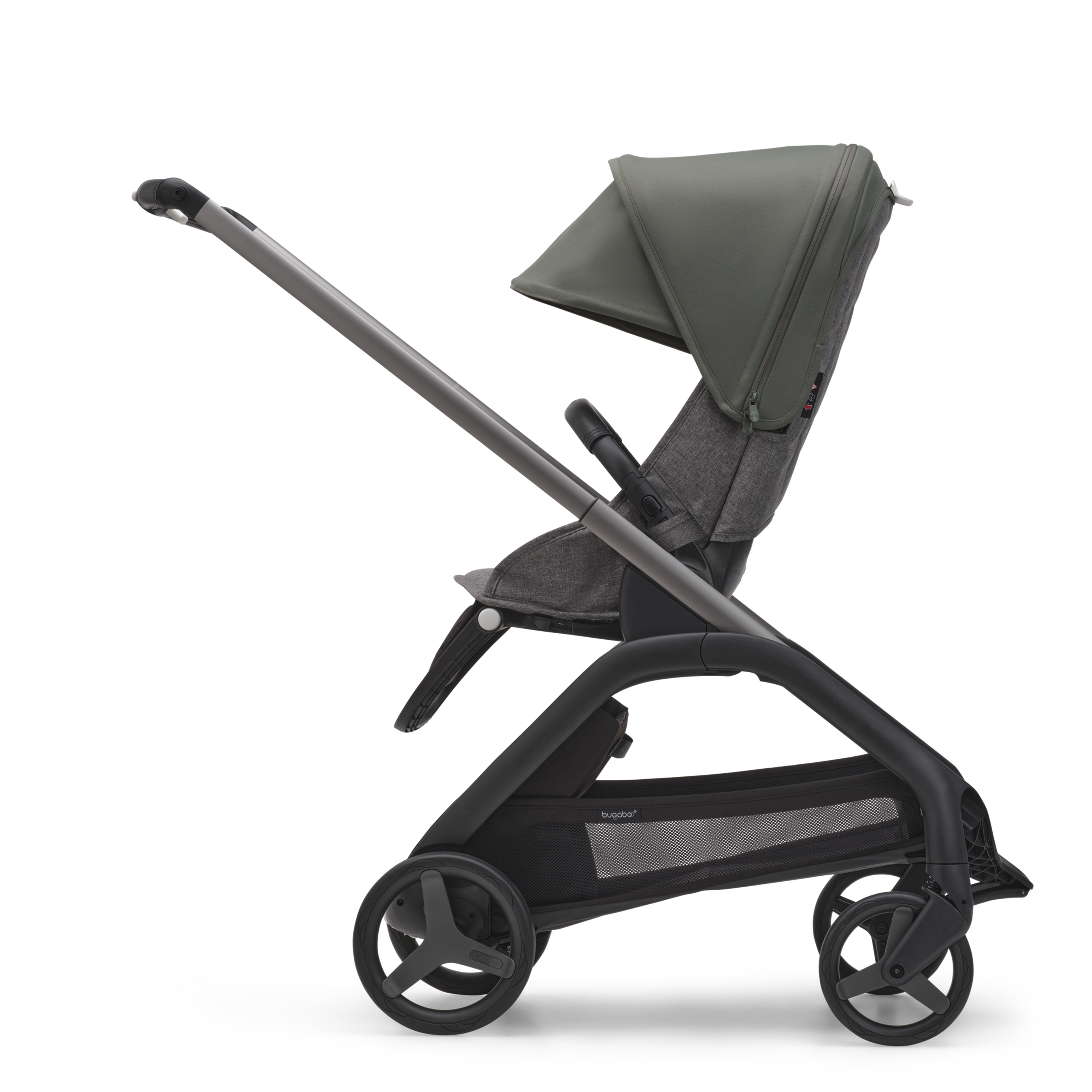 Refurbished Bugaboo Dragonfly bassinet and seat stroller graphite base, grey melange fabrics, forest green sun canopy - Thumbnail Slide 2 of 11