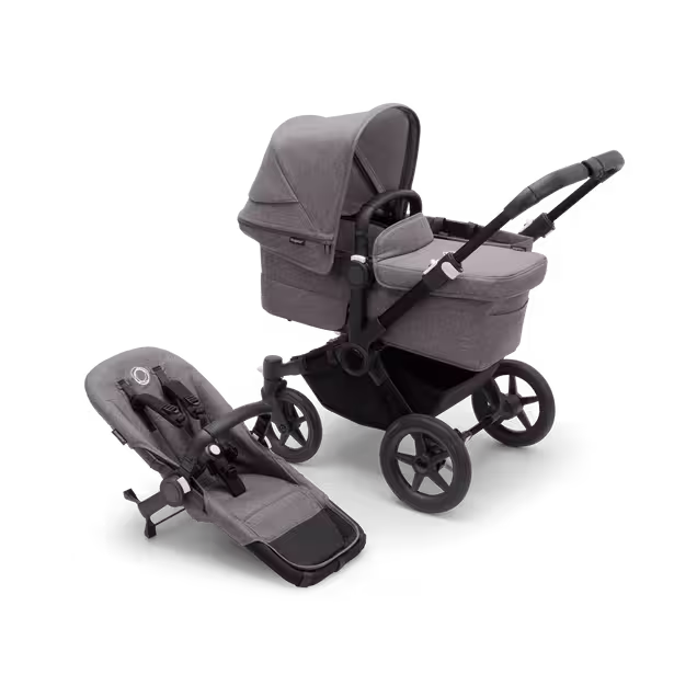 Refurbished Bugaboo Donkey 5 Mono bassinet and seat pushchair black base, grey melange fabrics, grey melange sun canopy - Main Image Slide 1 of 1