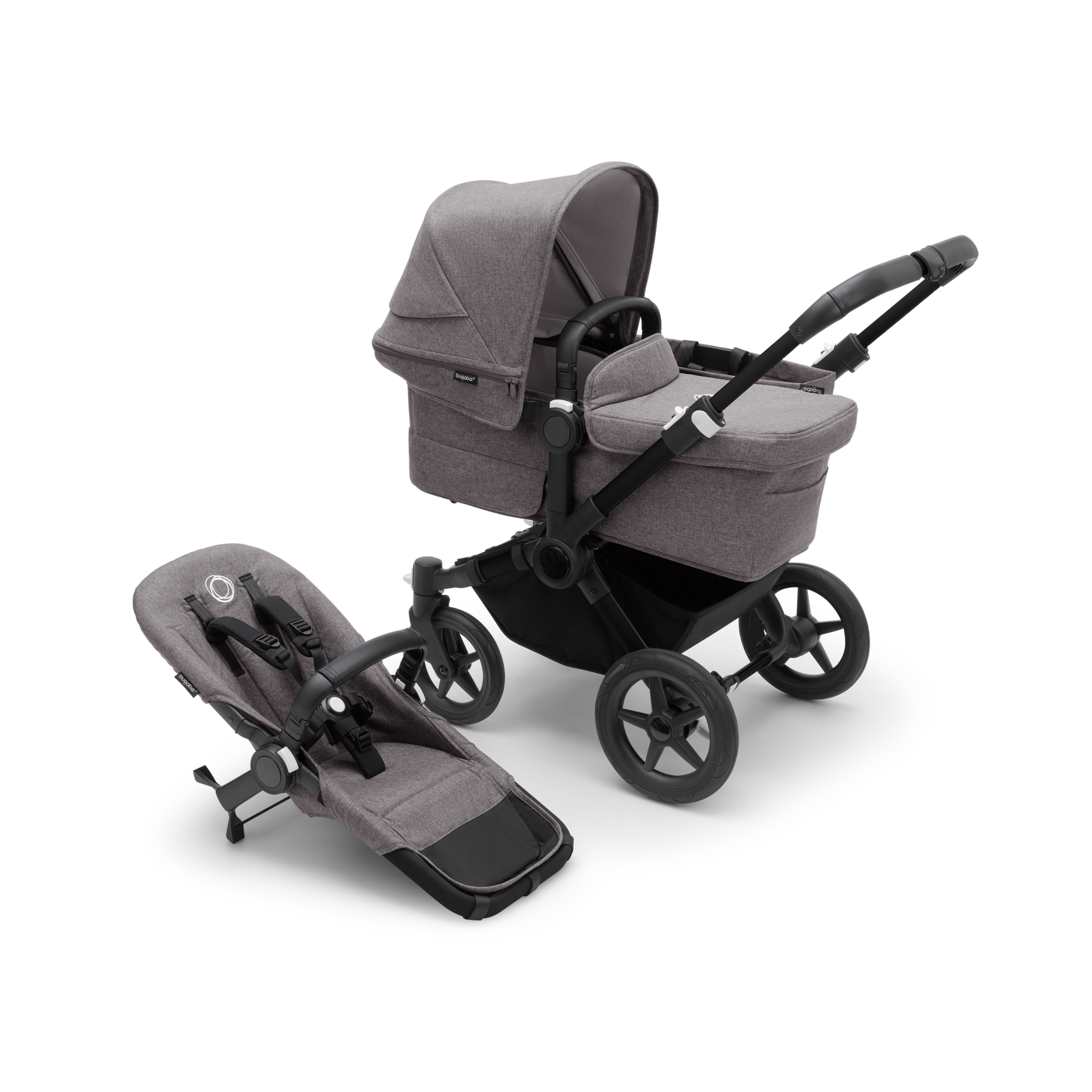 Refurbished Bugaboo Donkey 5 Mono bassinet and seat pushchair black base, grey melange fabrics, grey melange sun canopy - Thumbnail Slide 1 of 1