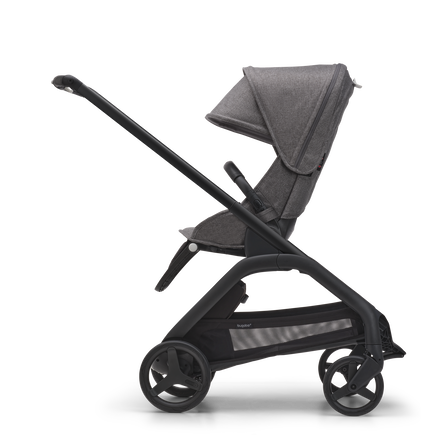 Side view of the Bugaboo Dragonfly seat stroller with black chassis, grey melange fabrics and grey melange sun canopy. - view 2