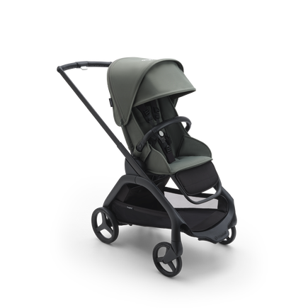 Bugaboo Dragonfly seat pram with black chassis, forest green fabrics and forest green sun canopy.
