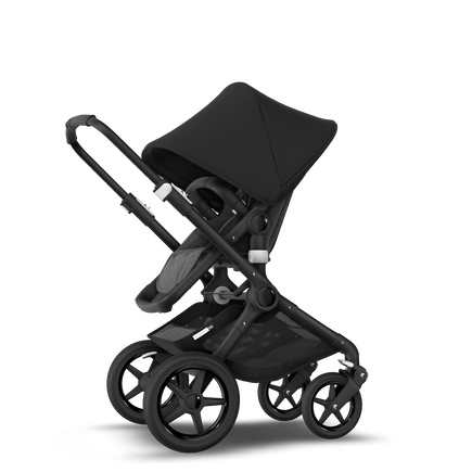 Fox stroller, black chassis, grey mélange fabrics, black sun canopy