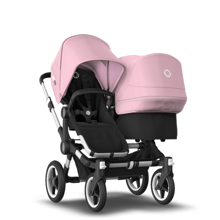 Bugaboo Donkey 3 Duo seat and bassinet stroller soft pink sun canopy, black fabrics, aluminium base