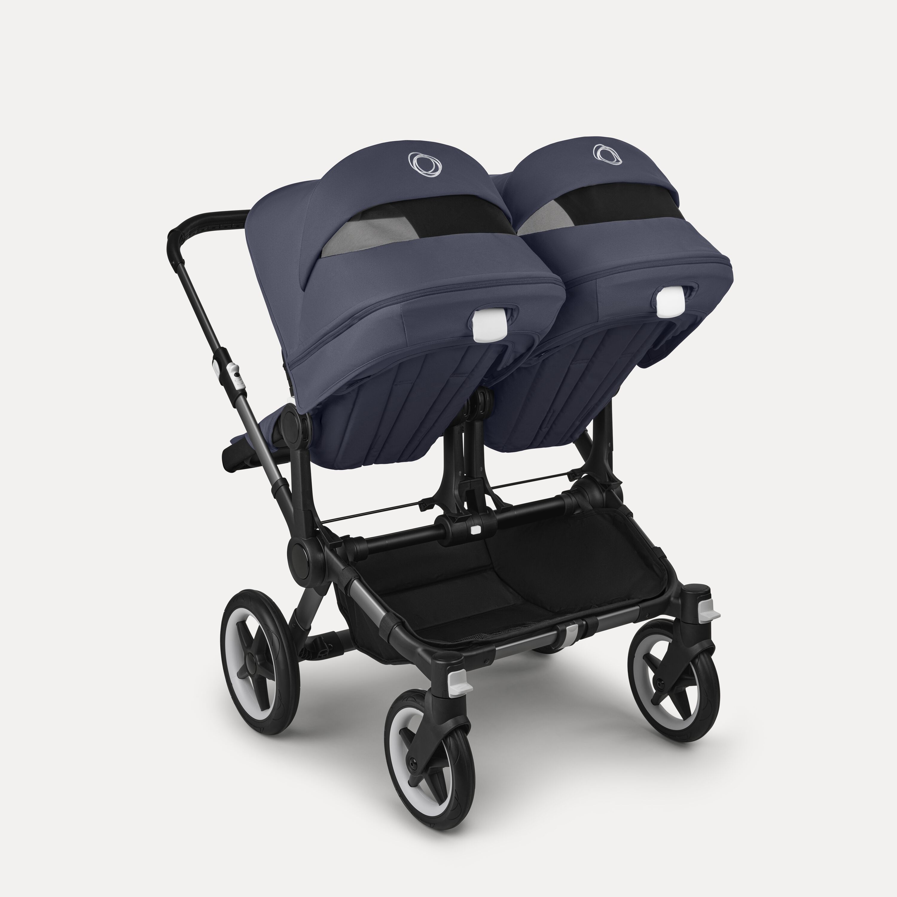 Bugaboo Donkey 5 twin stroller graphite base, stormy blue fabrics, stormy blue sun canopy - Main Modal Image Slide 4 of 12