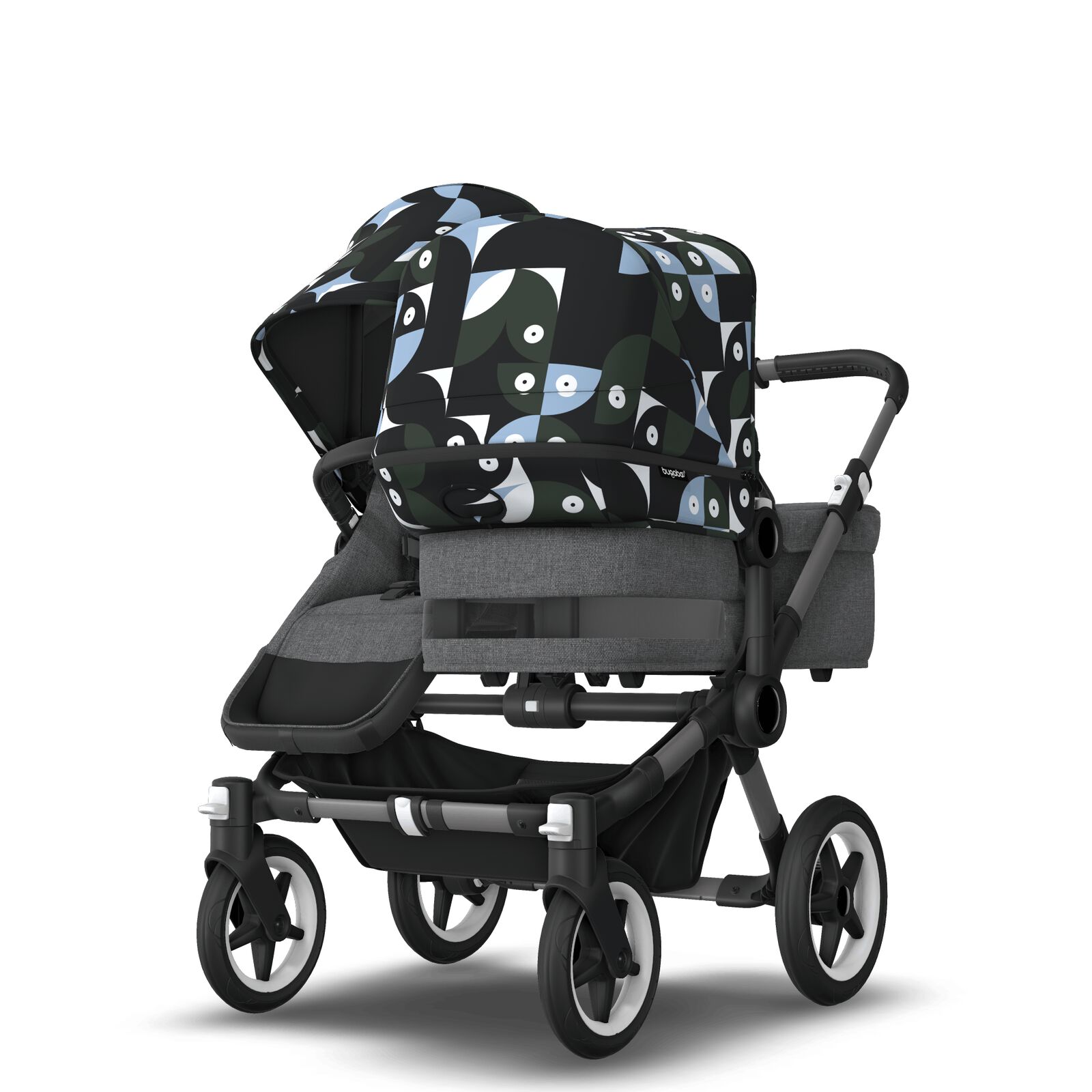 Bugaboo Donkey 5 Duo bassinet and seat stroller graphite base, grey mélange fabrics, animal explorer green/ light blue sun canopy