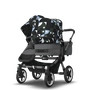 Bugaboo Donkey 5 Duo bassinet and seat stroller graphite base, grey mélange fabrics, animal explorer green/ light blue sun canopy