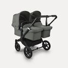 Bugaboo Donkey 5 twin stroller black base, forest green fabrics, forest green sun canopy