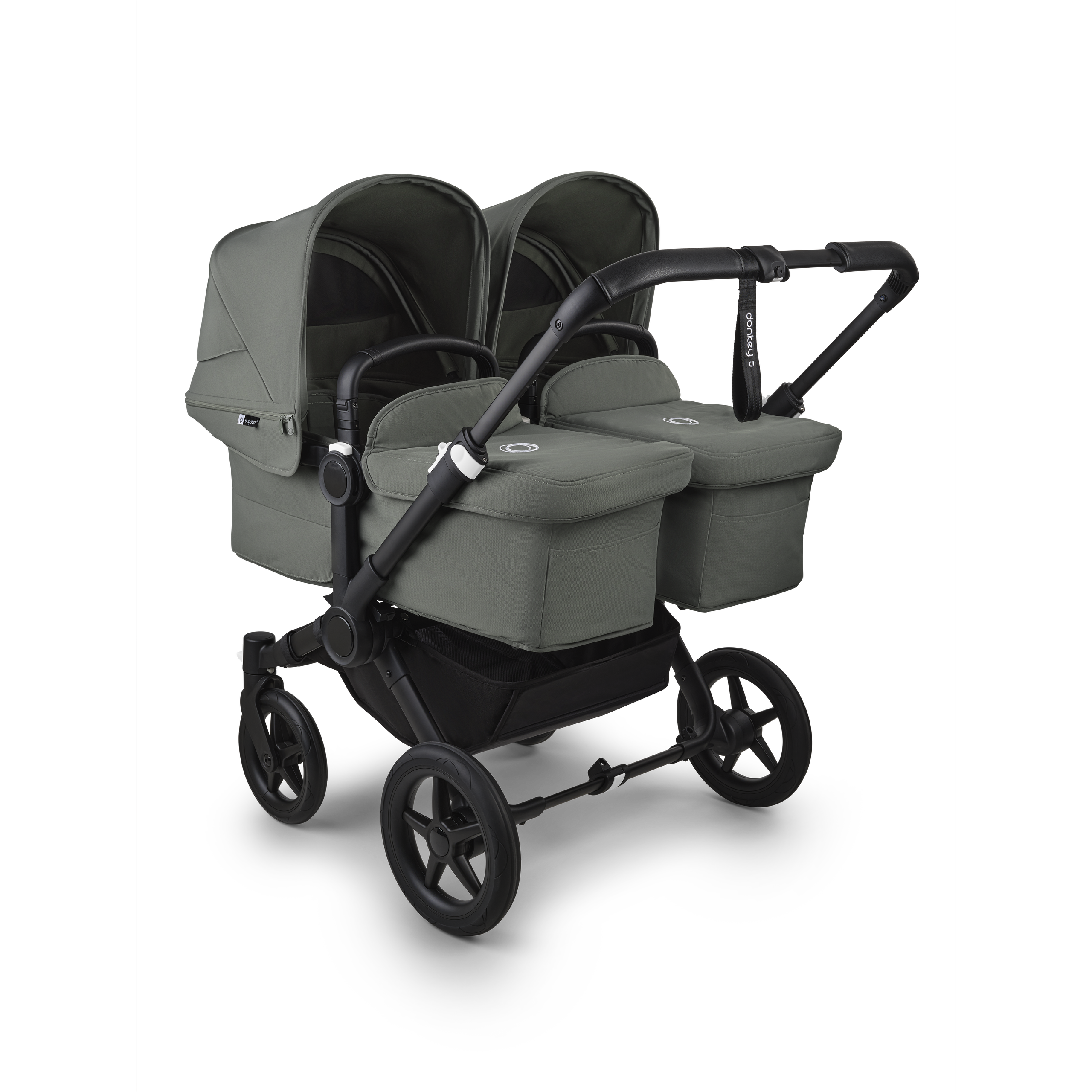 Bugaboo Donkey 5 twin stroller black base, forest green fabrics, forest green sun canopy - Thumbnail Slide 1 of 12