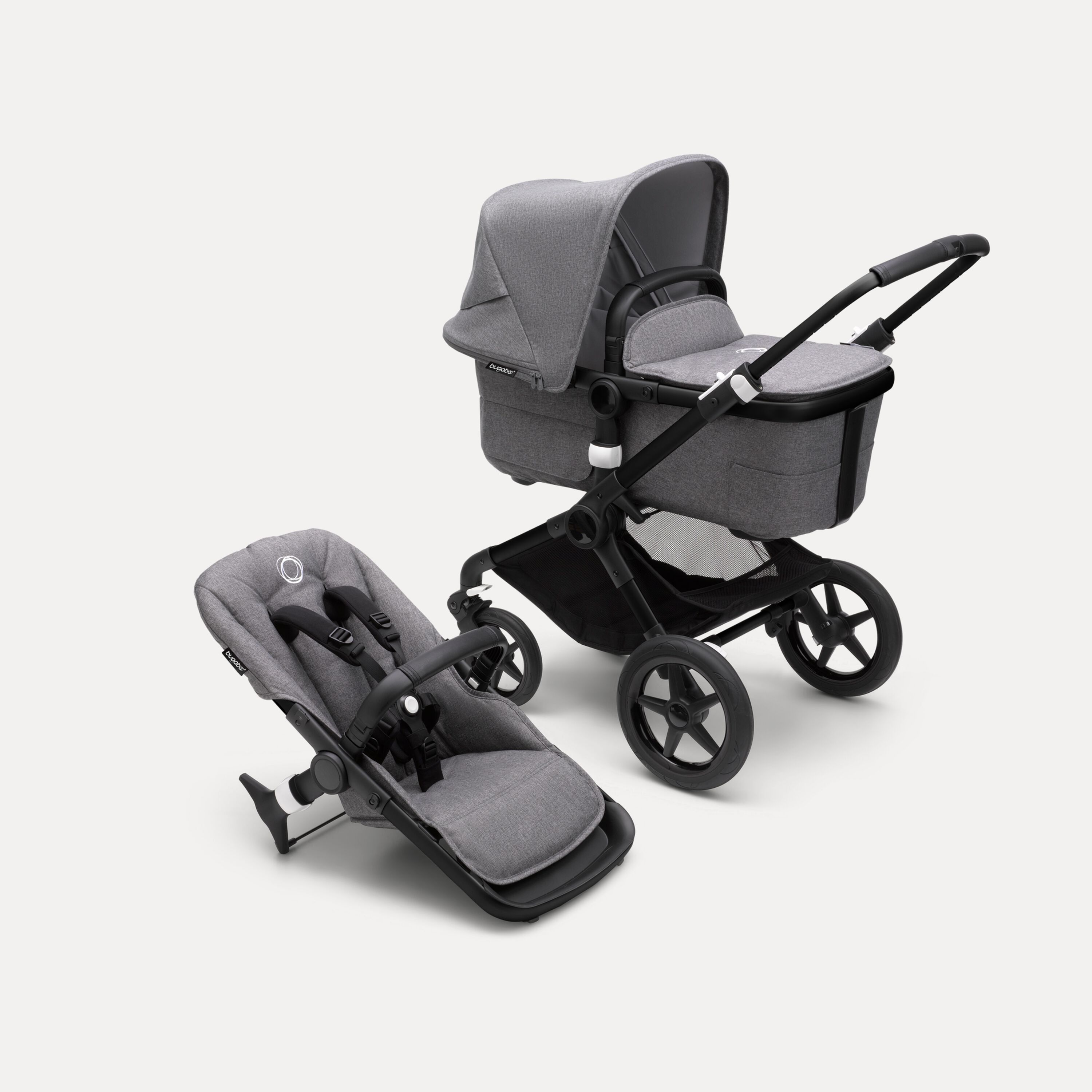 Bugaboo Fox 3 bassinet and seat stroller with black frame, grey melange fabrics, and grey melange sun canopy. - Main Modal Image Slide 5 of 7