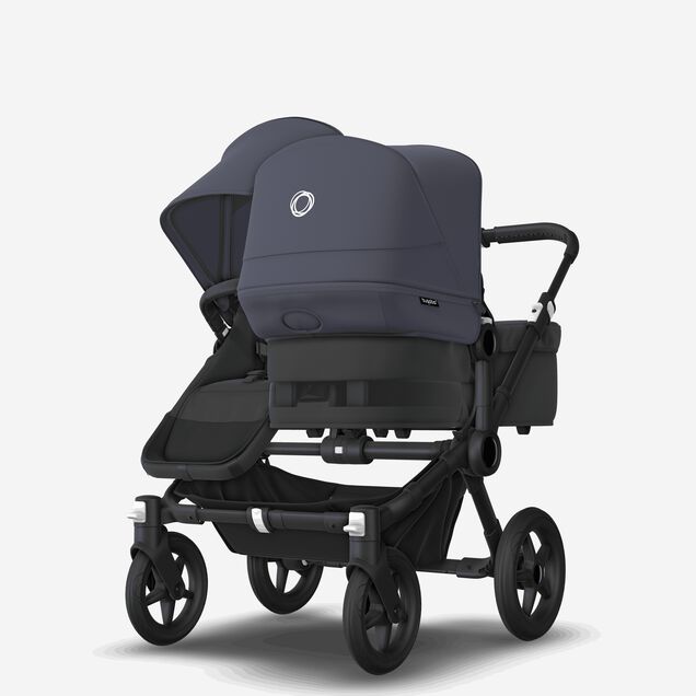 Bugaboo Donkey 5 Duo double stroller black base, midnight black fabrics, stormy blue sun canopy - Main Image Slide 3 of 11