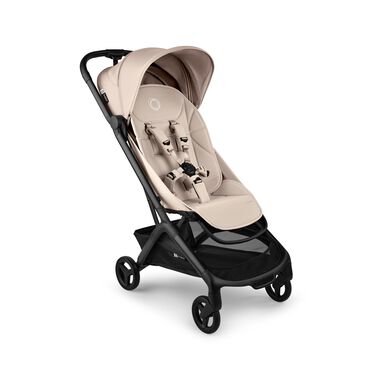 Bugaboo Butterfly 2 ultra-compact travel pram with black chassis, Desert Taupe fabrics, and Desert Taupe sun canopy.