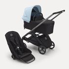 Bugaboo Dragonfly carrycot and seat pushchair with graphite chassis, midnight black fabrics and skyline blue sun canopy.