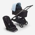 Bugaboo Dragonfly carrycot and seat pushchair with graphite chassis, midnight black fabrics and skyline blue sun canopy.