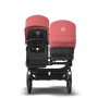 Bugaboo Donkey 5 Duo bassinet and seat stroller black base, midnight black fabrics, sunrise red sun canopy - Thumbnail Slide 2 of 12