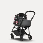 Bugaboo Bee 6 bassinet and seat stroller black base, grey fabrics, animal explorer pink/ red sun canopy