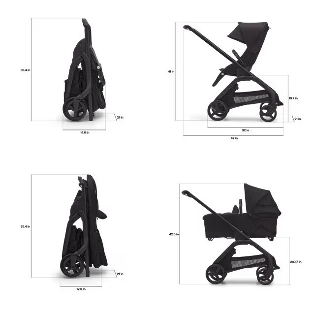 Dimensions of the Bugaboo Dragonfly stroller. With seat: Folded dimensions: 14.6 x 21 x 35.4 inches. In-use dimensions: 42 x 21 x 41 inches. Seat height: 19.7 inches. With bassinet: Folded dimensions: 12.6 x 21 x 35.4 inches. In-use height: 42.5 inches. Bassinet height: 20.47 inches. - Main Image Slide 7 of 16