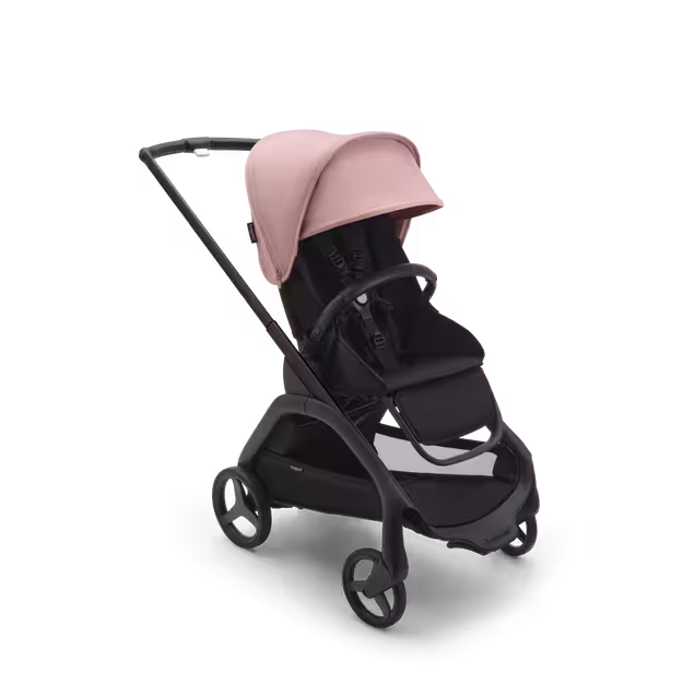 Bugaboo Dragonfly seat stroller with black chassis, midnight black fabrics and morning pink sun canopy. - Main Image Slide 1 of 16