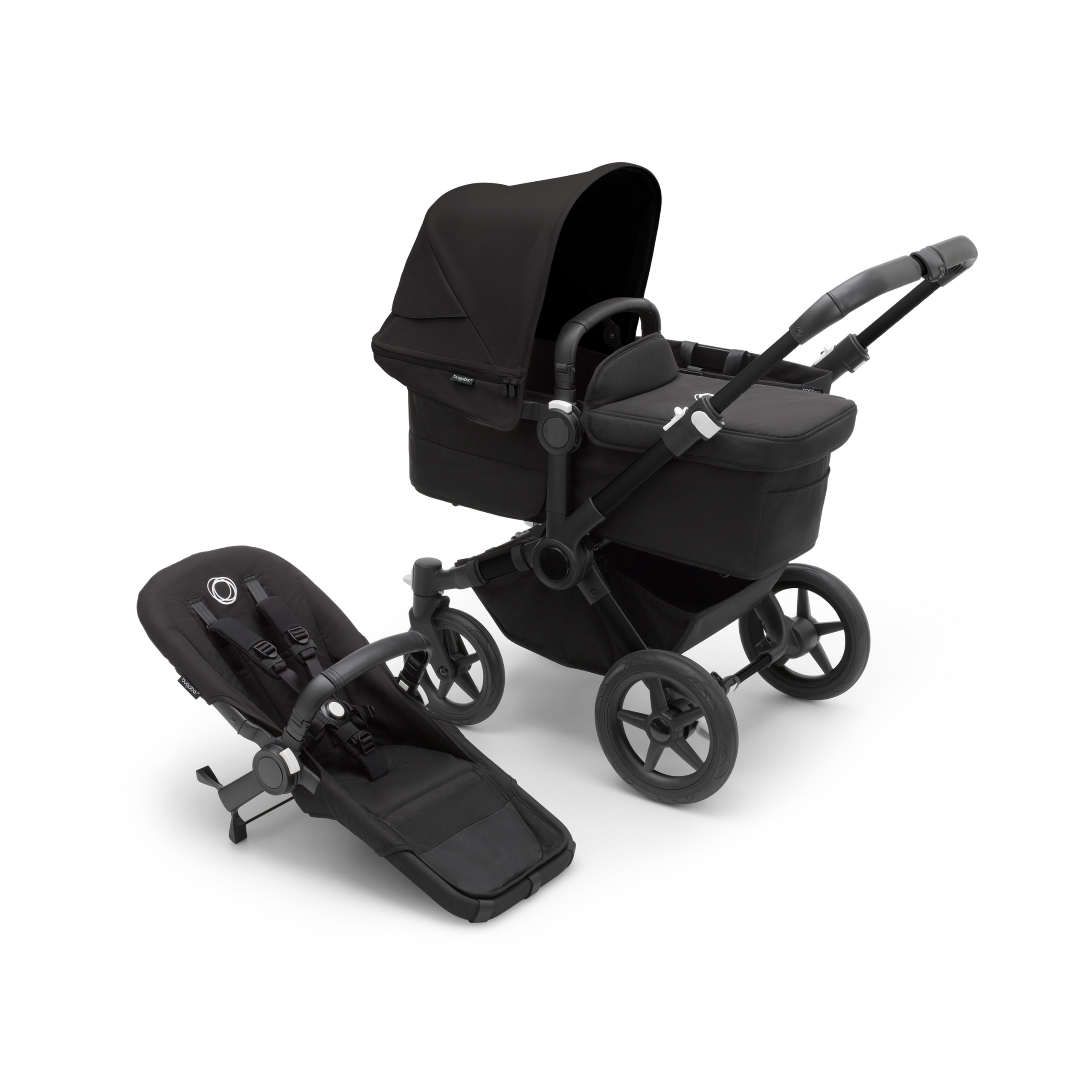 PP Bugaboo Donkey 5 Mono bassinet and seat stroller black base, midnight black fabrics, midnight black sun canopy - Thumbnail Slide 1 of 7