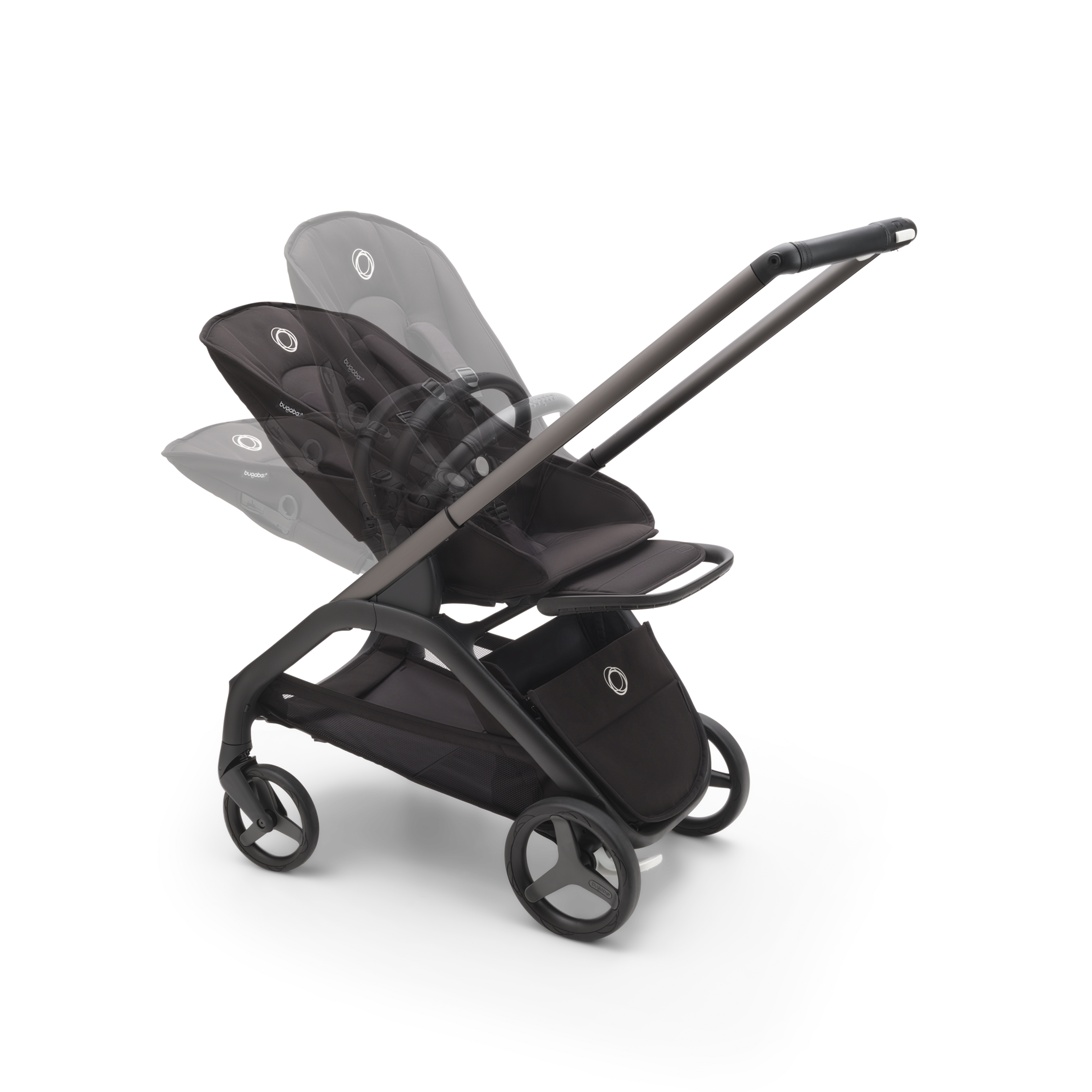 The Bugaboo Dragonfly stroller with seat in different recline positions. - Thumbnail Slide 8 of 15