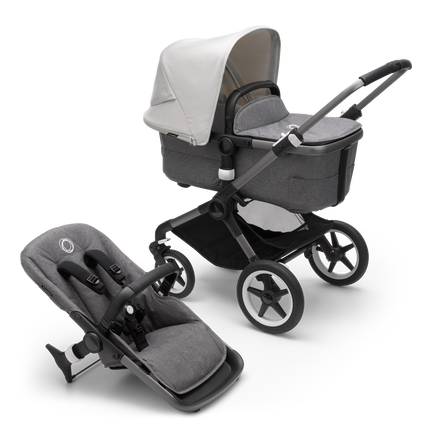 Bugaboo Fox 3 bassinet and seat stroller with graphite frame, grey melange fabrics, and white sun canopy.