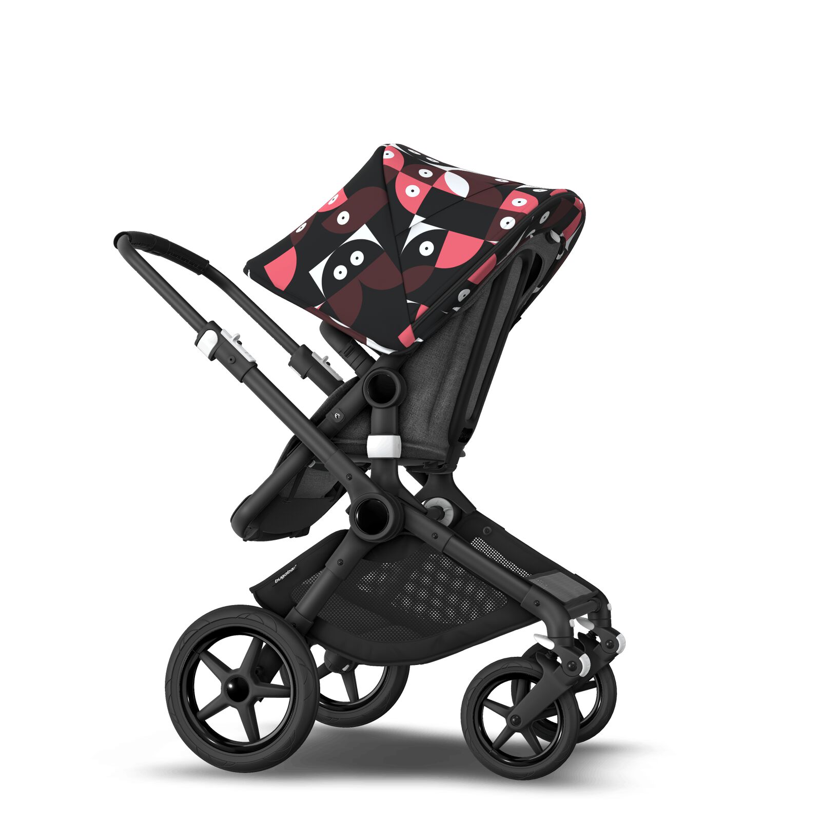 Bugaboo Fox 3 bassinet and seat stroller black base, grey melange fabrics, animal explorer pink/red sun canopy