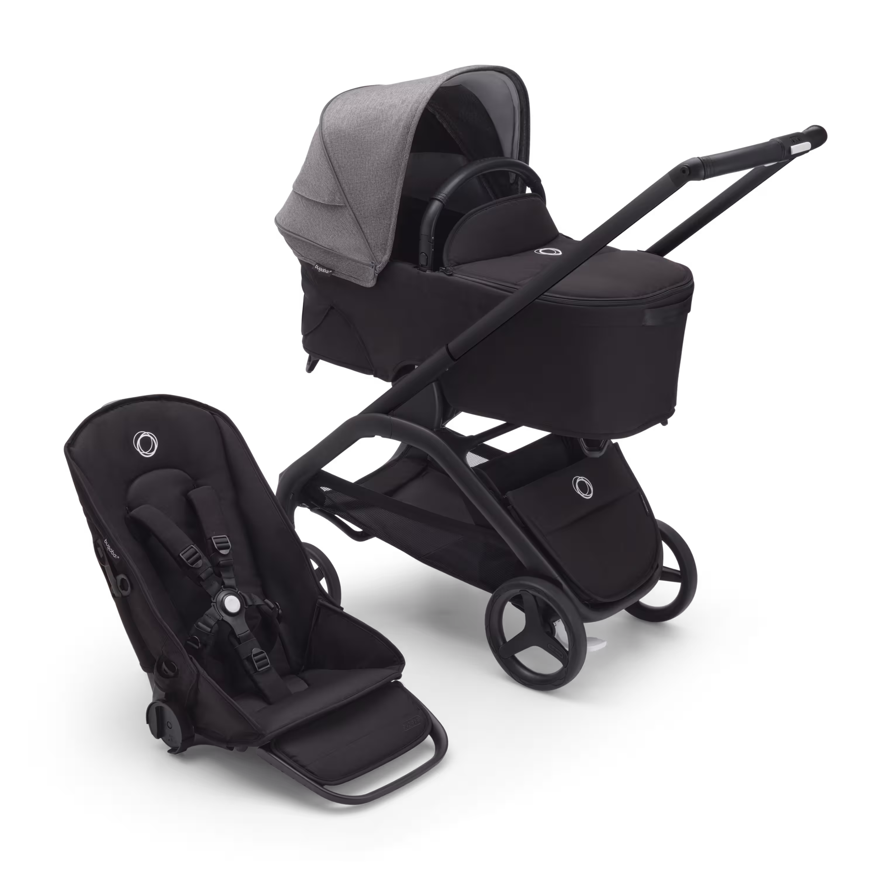 Bugaboo Dragonfly bassinet and seat stroller with black chassis, midnight black fabrics and grey melange sun canopy. - Main Modal Image Slide 1 of 16