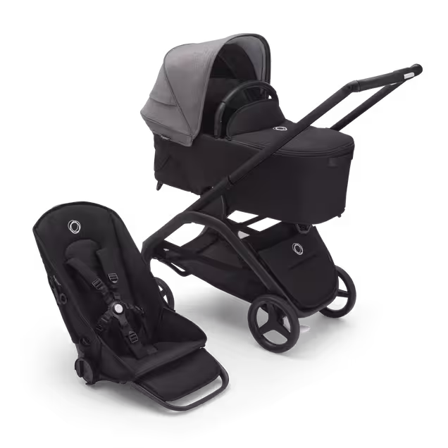 Bugaboo Dragonfly bassinet and seat stroller with black chassis, midnight black fabrics and grey melange sun canopy. - Main Image Slide 1 of 16