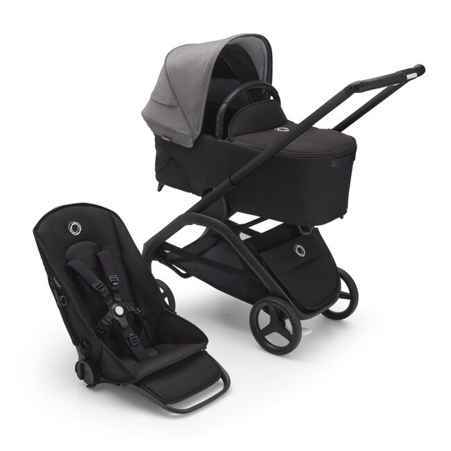 Bugaboo Dragonfly bassinet and seat stroller with black chassis, midnight black fabrics and grey melange sun canopy.