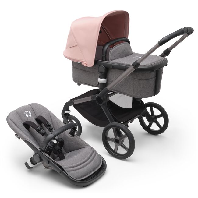 Bugaboo Fox 5 bassinet and seat stroller graphite base, grey melange fabrics, morning pink sun canopy