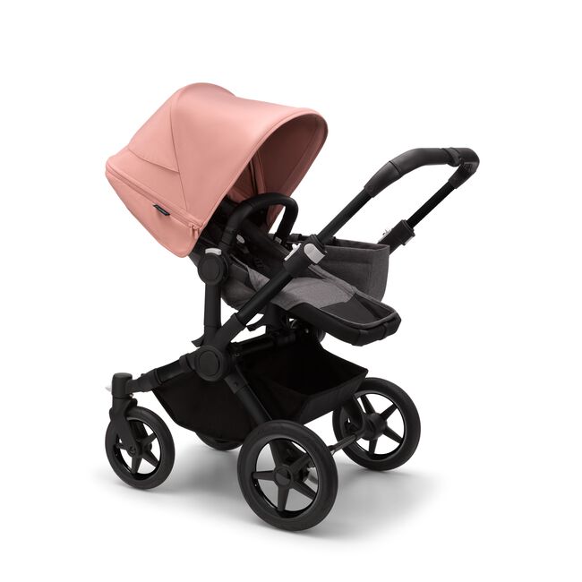 Bugaboo Donkey 5 Mono seat stroller with black chassis, grey melange fabrics and morning pink sun canopy.