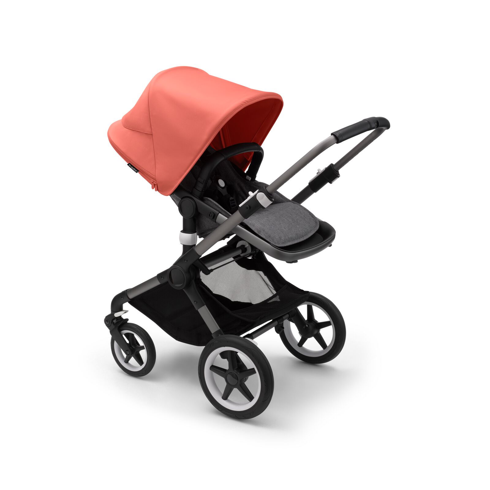 Bugaboo Fox 3 seat stroller with graphite frame, grey fabrics, and red sun canopy.
