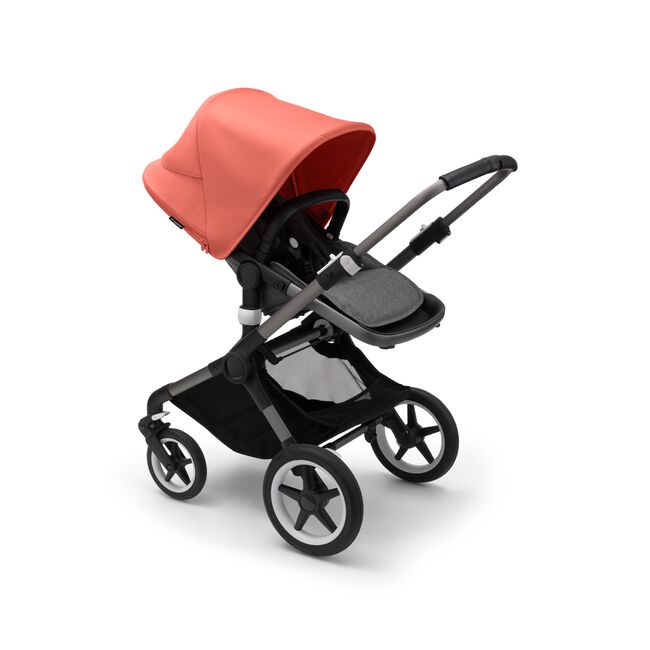 Bugaboo Fox 3 Sitz-Kinderwagen mit graphitfarbenem Rahmen, grauem Stoff und rotem Sonnendach.