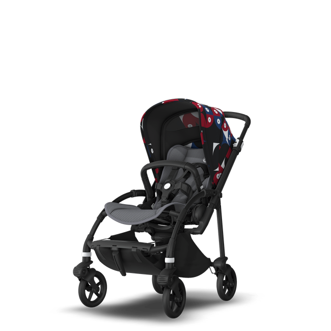 Bugaboo Bee 6 seat stroller black base, grey fabrics, animal explorer red/blue sun canopy