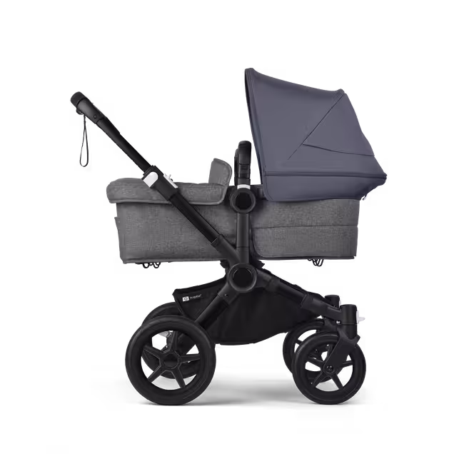 Bugaboo Donkey 5 twin stroller black base, grey mélange fabrics, stormy blue sun canopy - Main Image Slide 2 of 12