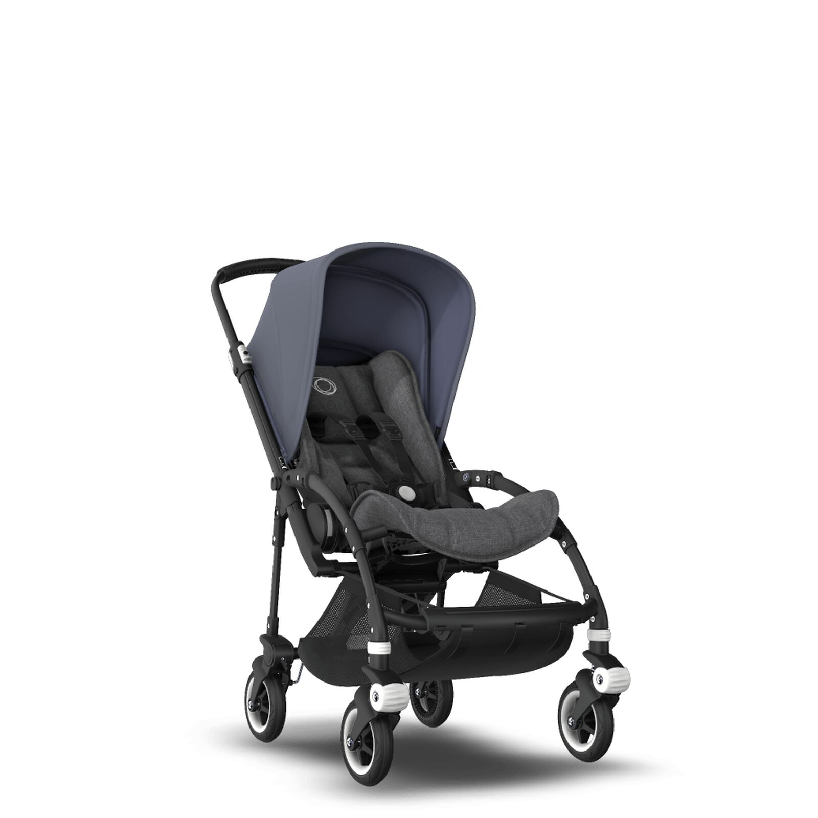 Bugaboo Bee 5 seat stroller steel blue sun canopy, grey melange fabrics, black base