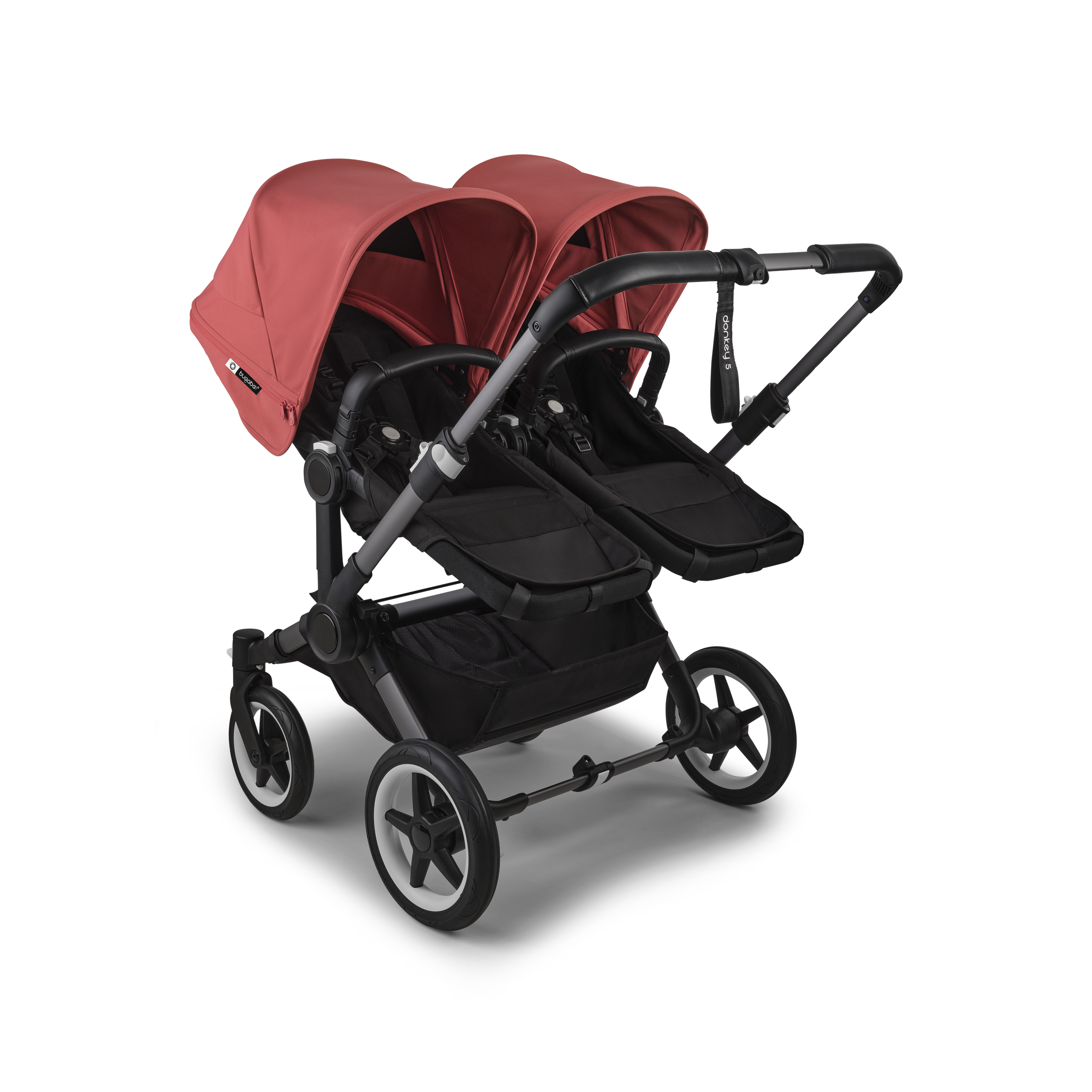 Bugaboo Donkey 5 twin stroller graphite base, midnight black fabrics, sunrise red sun canopy - Thumbnail Slide 3 of 12