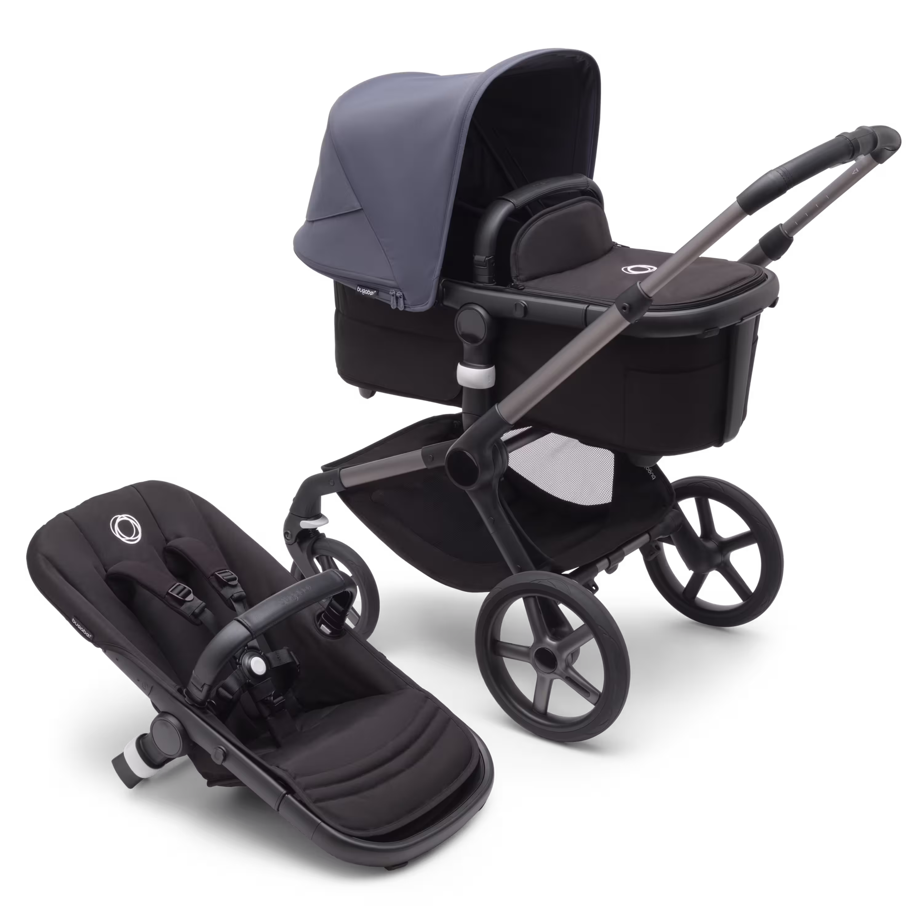 Bugaboo Fox 5 carrycot and seat pushchair with graphite chassis, midnight black fabrics and stormy blue sun canopy. - Main Modal Image Slide 1 of 13