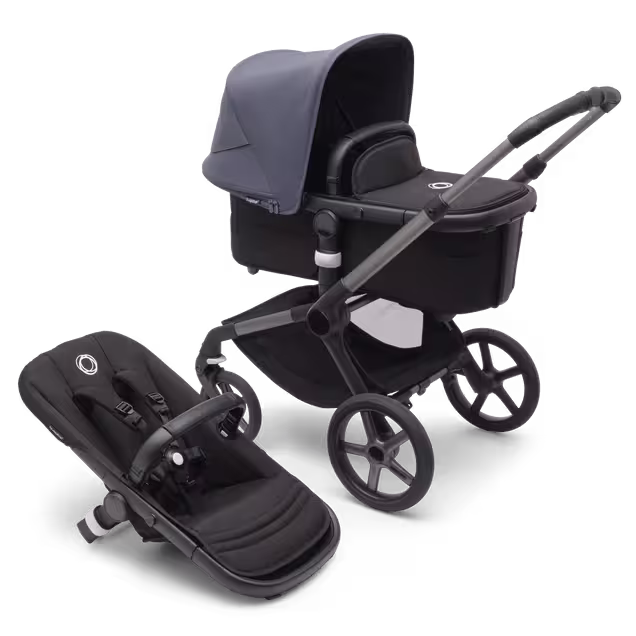 Bugaboo Fox 5 carrycot and seat pushchair with graphite chassis, midnight black fabrics and stormy blue sun canopy. - Main Image Slide 1 of 13